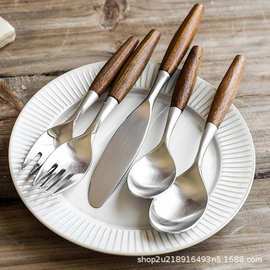 特殊木质手柄不锈钢刀叉勺五件套西餐具厂家定制批发产品